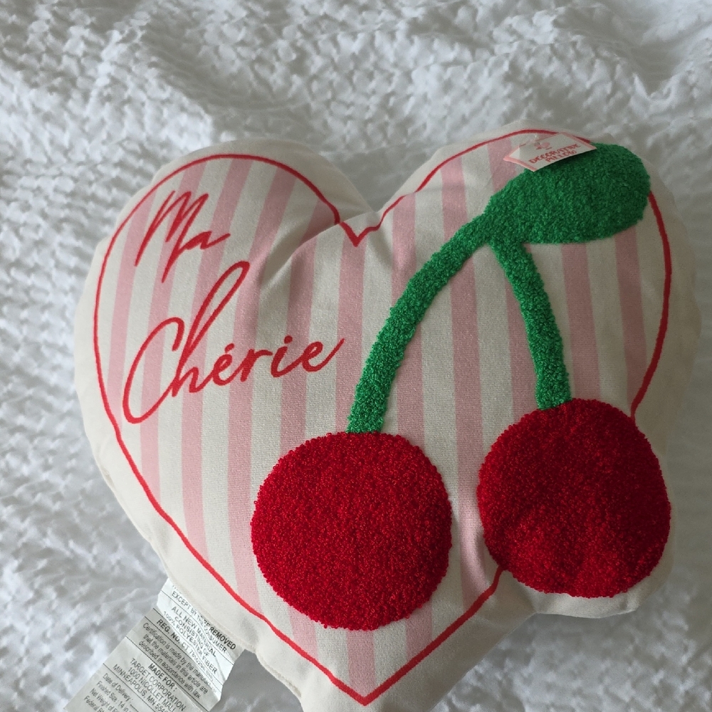 Heart-Shaped Pink and Red Cherry Pillow 13x14